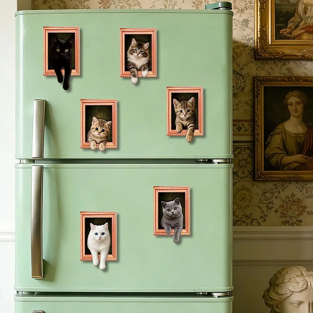 3D Cat Fridge Magnets – Vintage Oil Painting Wooden Frame Decorative Fridge Magnet Nixie