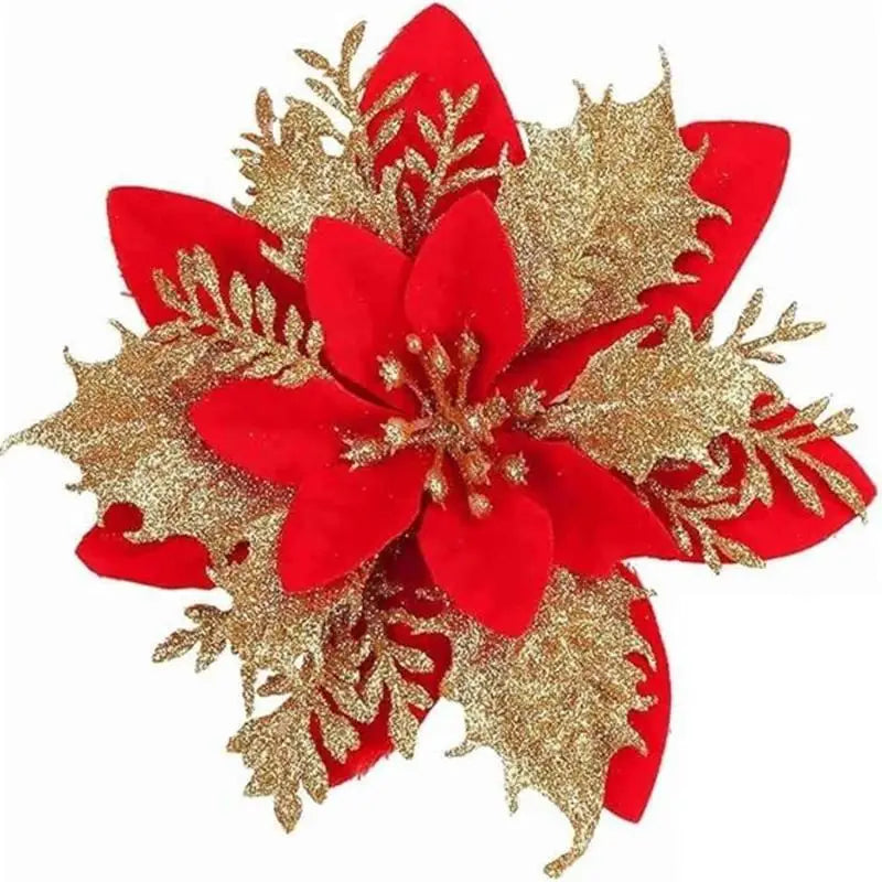 Artificial Red Gold Glitter Poinsettia Flowers – 10 Pcs Xmas Artificial Holiday Flowers Nixie