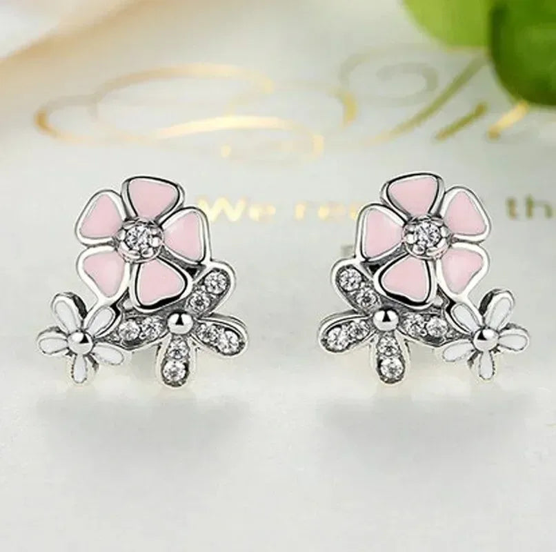 Floral Daisy Stud Earrings | Pink Crystal Rhinestone Women Stud Earrings Nixie
