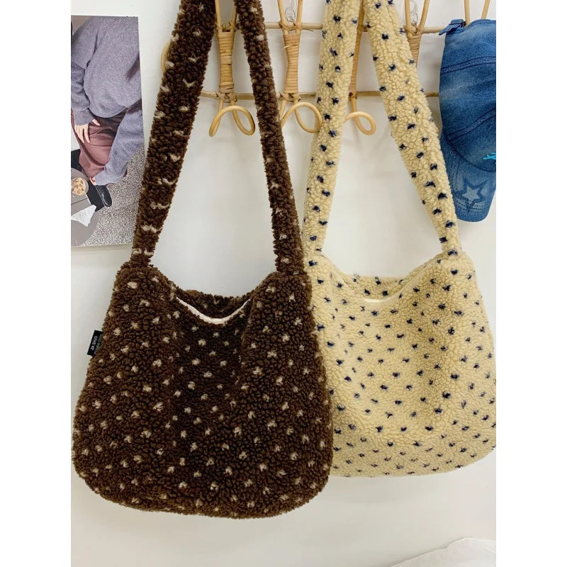 Korean Polka Dot Plush Crossbody Bag – Vintage Shoulder Bag Plush Crossbody Bag Nixie
