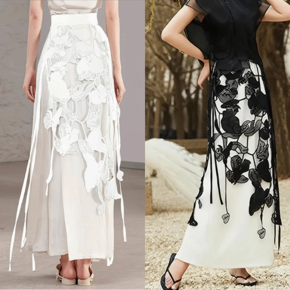 High Waist Lace Midi Skirt Hollow Tassel Side Slit Y2K Style Lace Midi Skirt Nixie