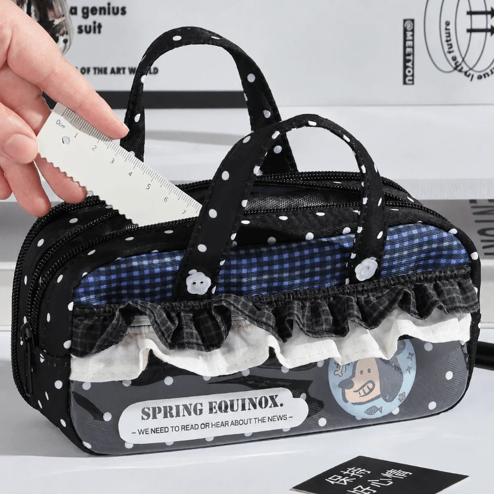 Kawaii Ruffle Lace Polka Dot Pencil Case | Clear Window Pouch Pencil Case Nixie