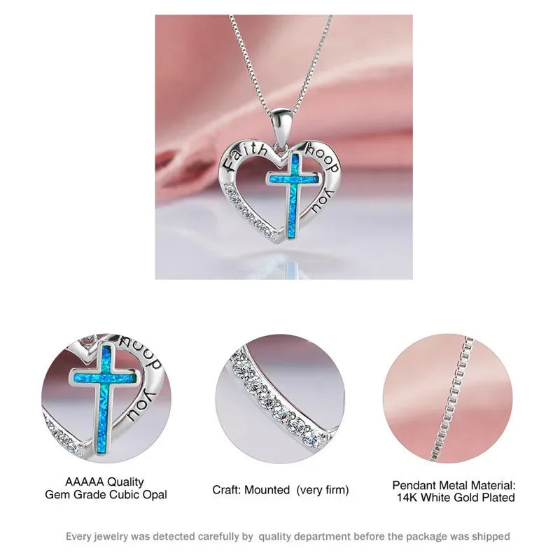 Silver Blue Simulated Opal Heart Cross Pendant Necklace Pendant Necklace Nixie