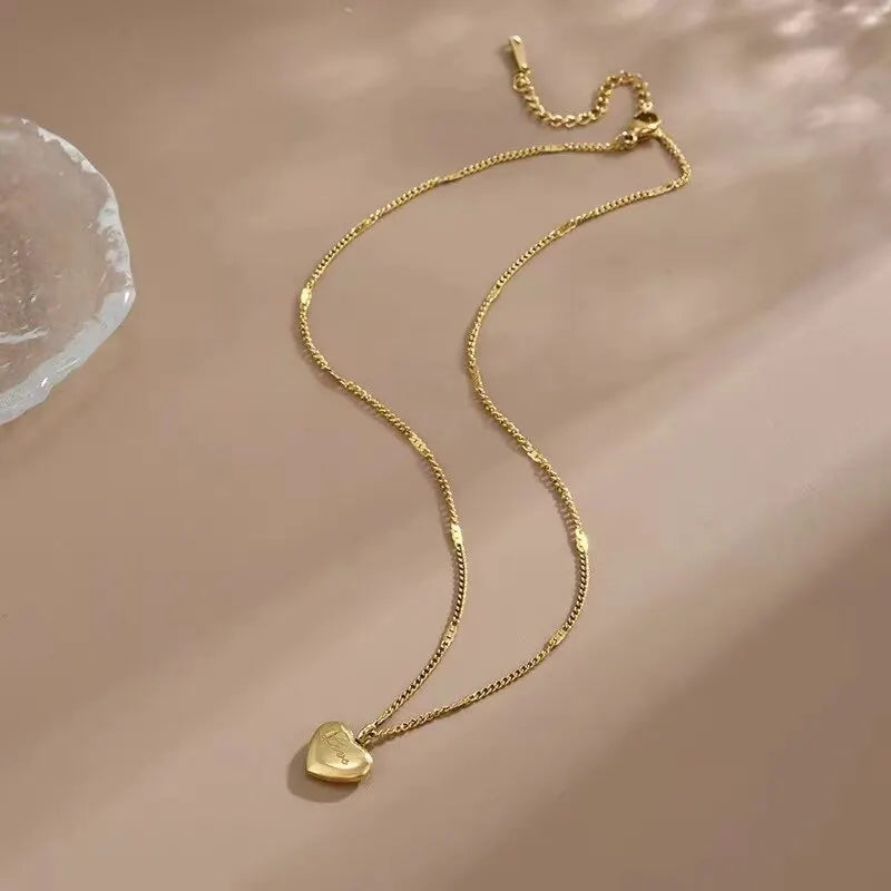 Gold Heart Pendant Necklace – Engraved Love Collarbone Chain Pendant Necklace Nixie