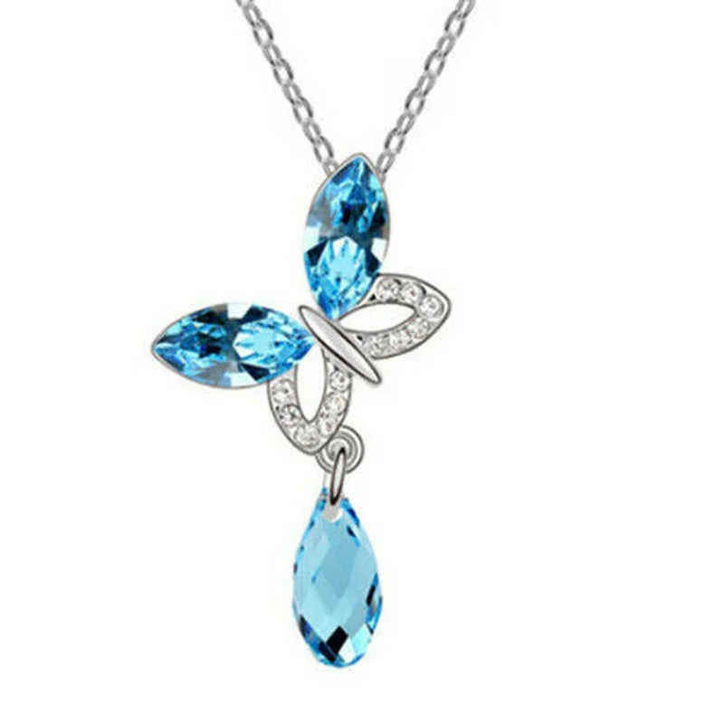 Women's Butterfly Lake Blue Crystal Water Drop Pendant Necklace Pendant Necklace Nixie sky blue