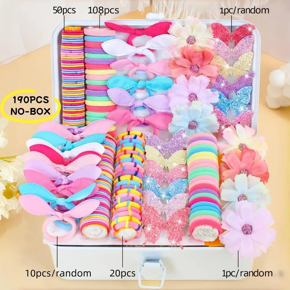 190 Pcs Girls Hair Accessories Set – Colorful Elastic Ties & Clips Hair Accessories Set Nixie 190PCS-No box
