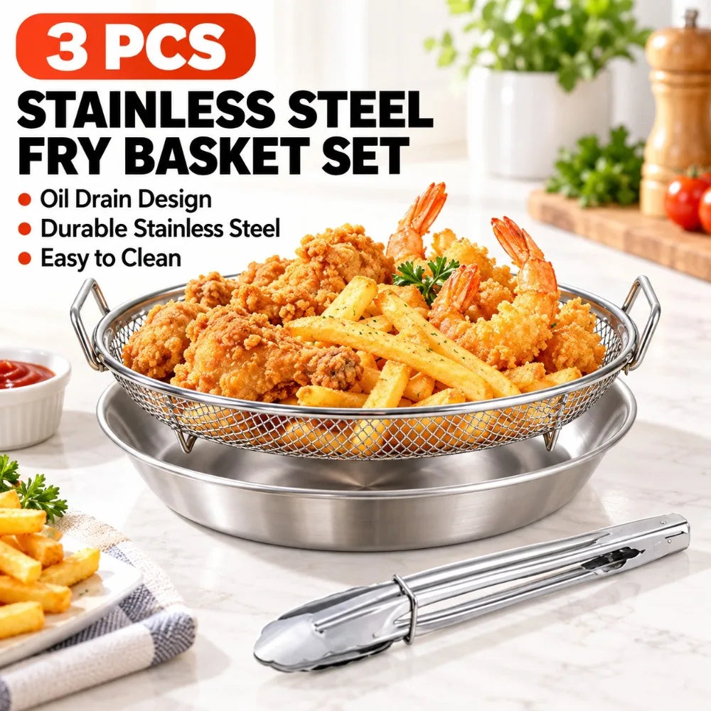 3-Piece Stainless Steel Kitchen Set: Drain Basket, Tray & Tongs Kitchen Tool Set Nixie