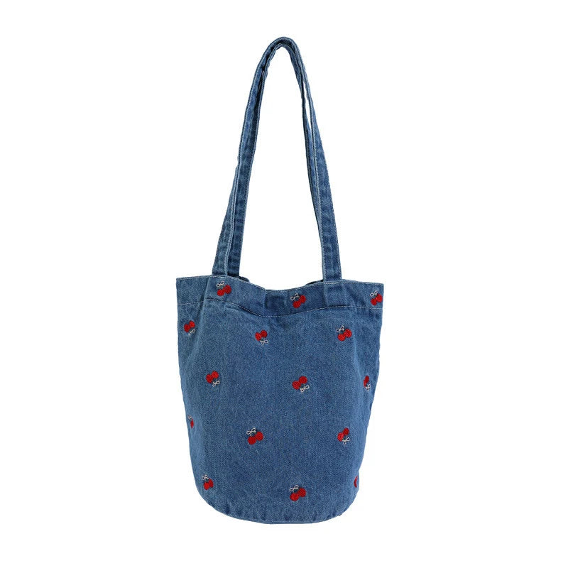 Cherry Embroidered Denim Bucket Bag – Large Tote Crossbody Denim Bucket Bag Nixie