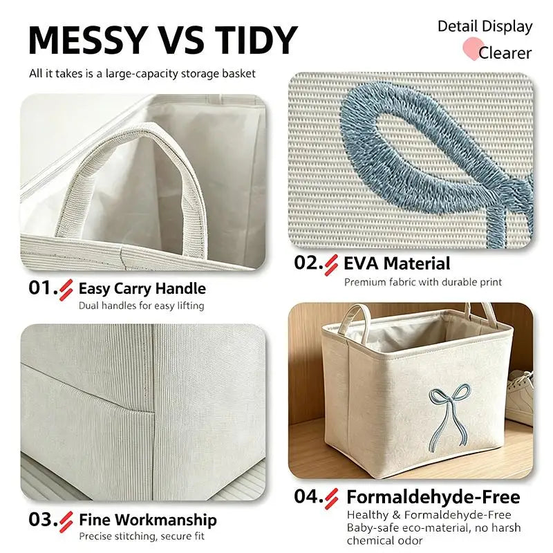 Foldable Fabric Storage Basket with Bow Embroidery & Handles Fabric Storage Basket Nixie