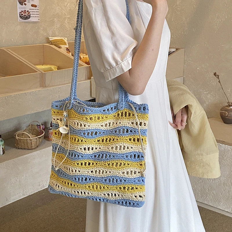 Women's Large Crochet Tote – Two-Tone Striped Shoulder Bag Crochet Tote Bag Nixie