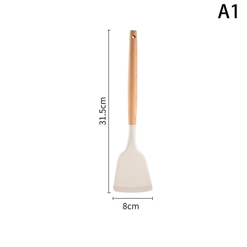 Wooden Handle Silicone Spatula Set – Frying Spatula & Ladle Kitchen Utensil Set Nixie A1