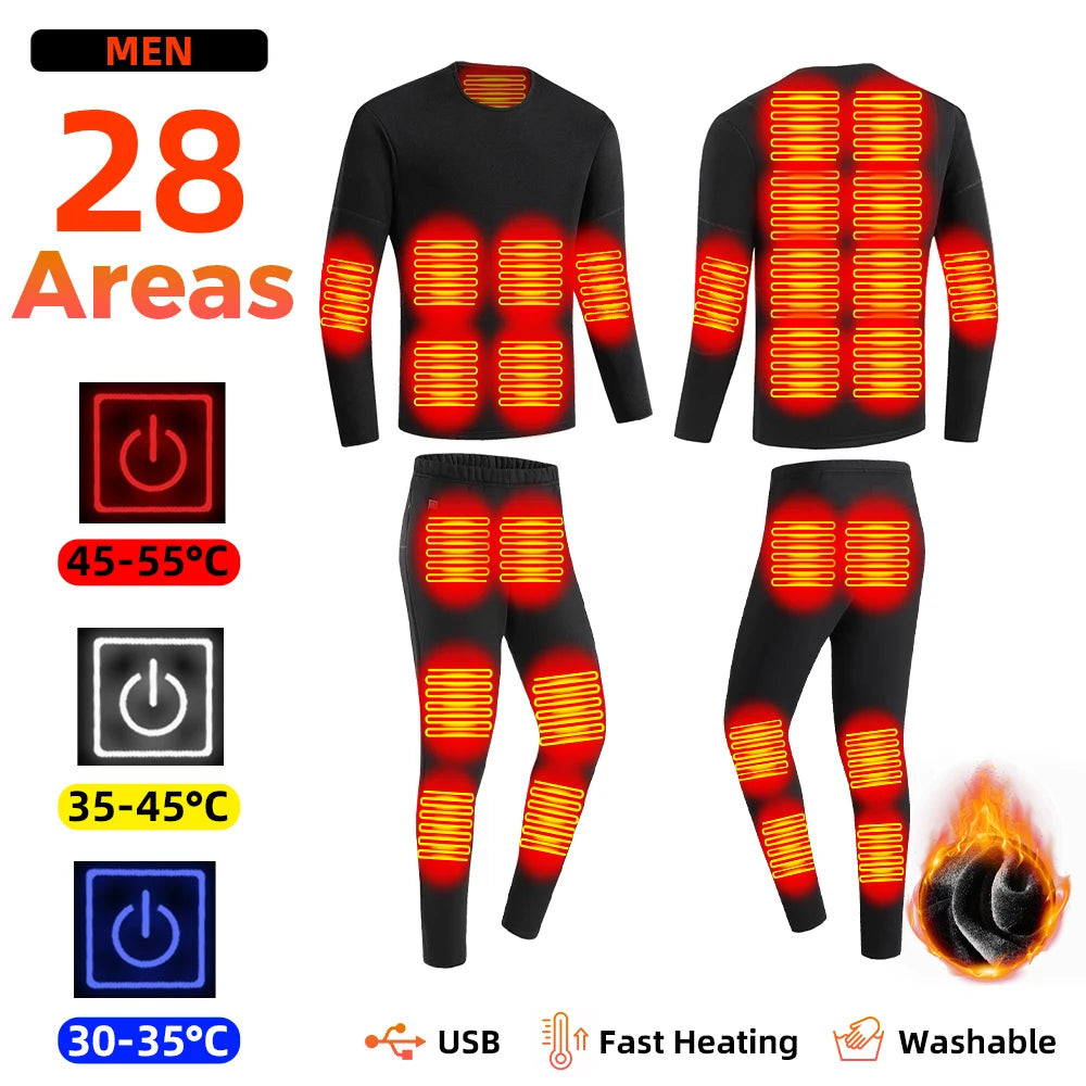 KEMITOUR 28-Zone USB Heated Thermal Underwear Suit | Top & Pants Heated Thermal Underwear Nixie 28-Men-Suit 3XL
