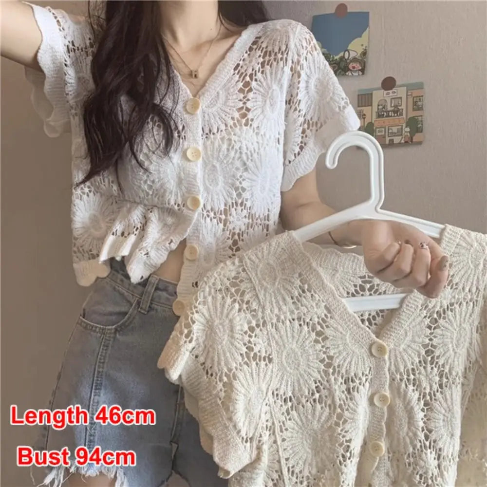 Women's V-Neck Crochet Cardigan Open-Knit Boho Blouse Crochet Cardigan Nixie