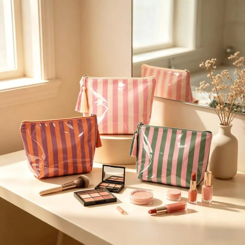 Glossy PVC Striped Cosmetic Bag Zip Makeup Organizer Travel Pouch Cosmetic Travel Bag Nixie