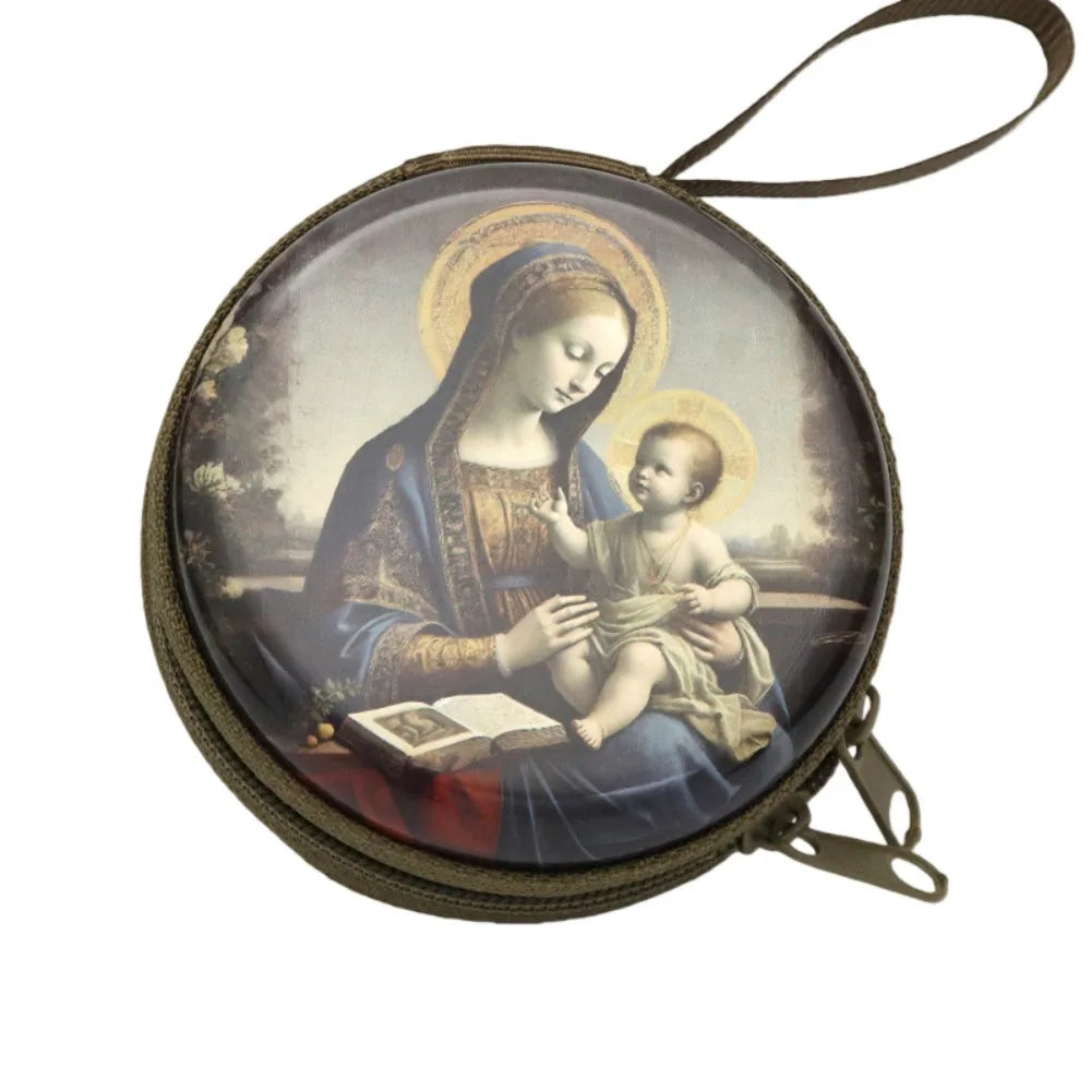Virgin Mary Round Metal Rosary Storage Bag – Religious Keepsake