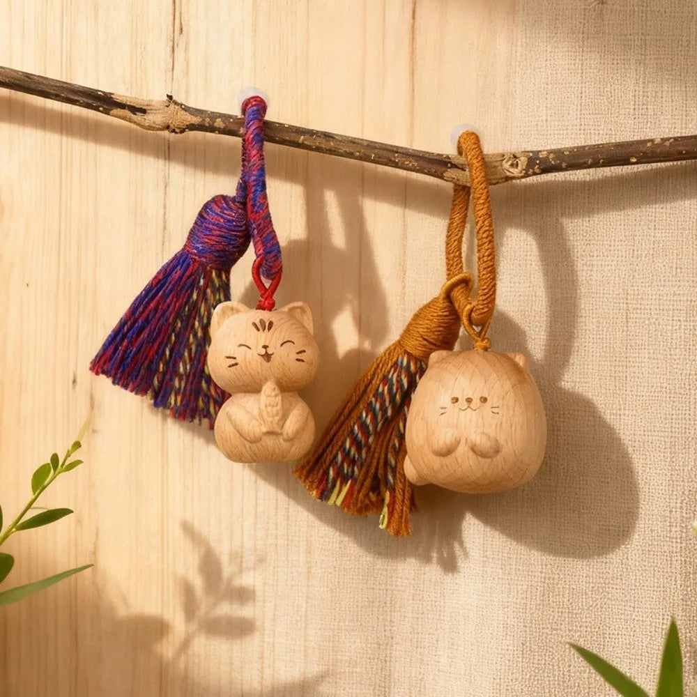 Hand Carved Wooden Cat Keychain with Tassel | Lucky Cat Wooden Cat Keychain Nixie