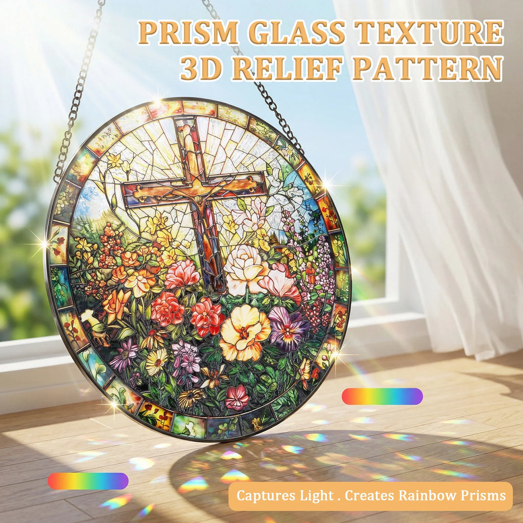 Stained Glass Cross Suncatcher 9.84" – Window Hanging Decor Glass Window Suncatcher Nixie
