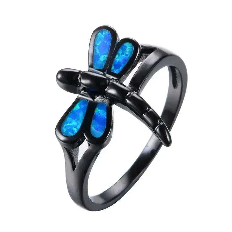 Dragonfly Ring – Zinc Alloy Black Blue Simulated Opal | Sizes 6–10