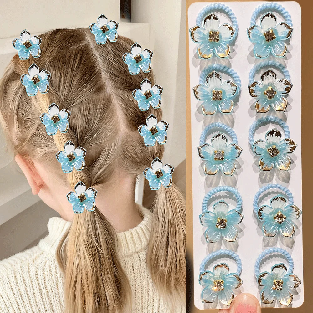 10pcs Girls Rhinestone Flower Elastic Hair Ties | Hair Bands Elastic Hair Ties Nixie SKY BLUE