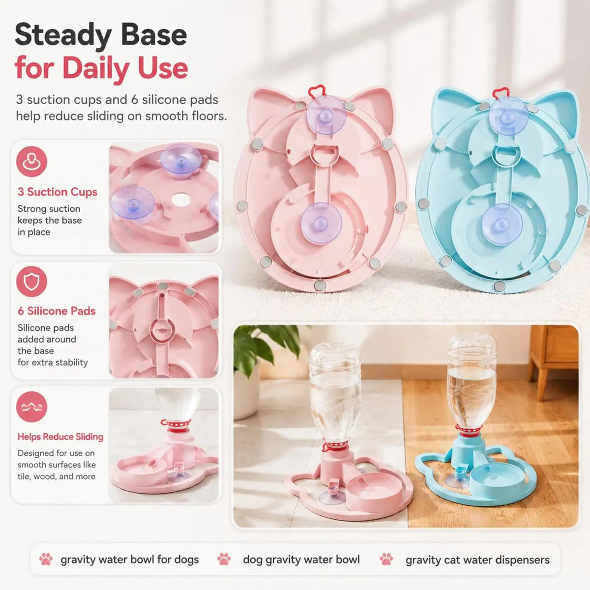 Gravity Cat Water Dispenser 630ml Bottle & Suction Cup Bowl Pet Water Dispenser Nixie