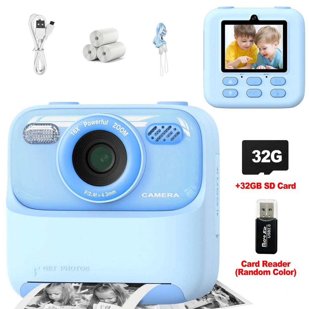 Kids Instant Print Camera 1080P Dual Lens – Gift for Girls & Boys Kids Digital Camera Nixie Blue Set 32GSDCard