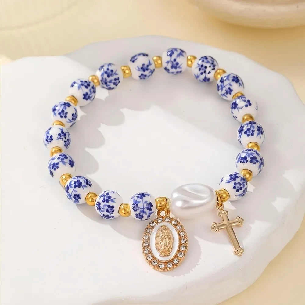Blue & White Porcelain Ceramic Pearl Bracelet – Vintage Elastic Beaded Bracelet Nixie