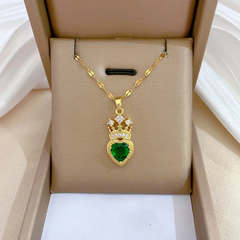 Diamond Crown Heart Pendant Necklace | Gold Stainless Steel Choker Pendant Necklace Nixie