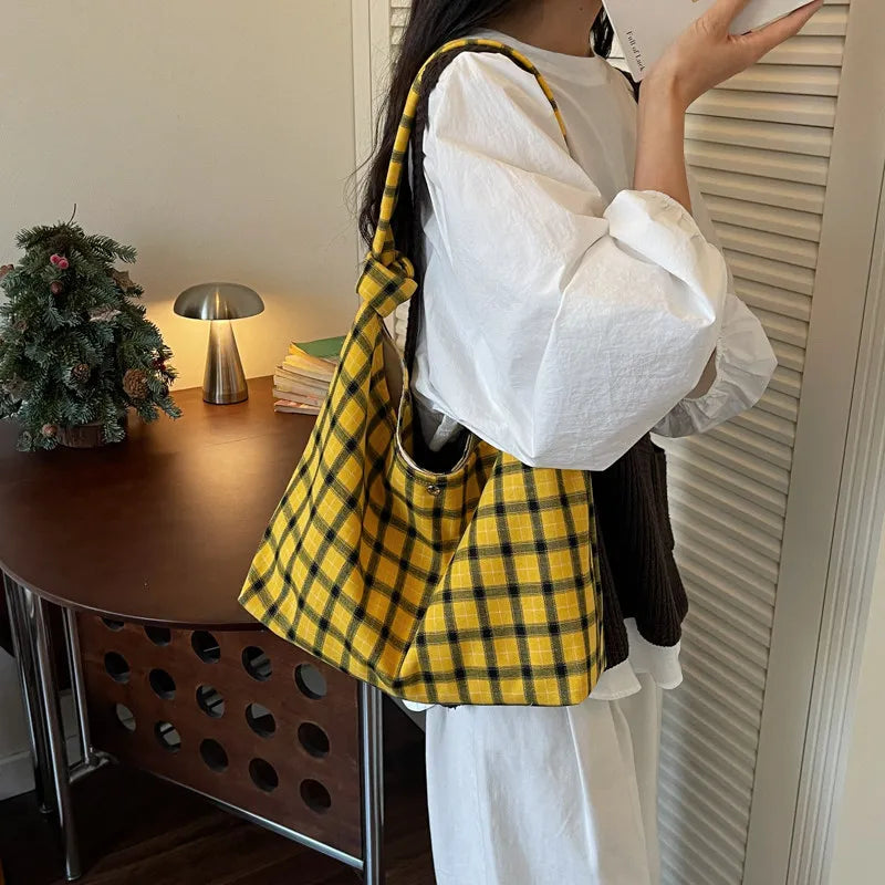Korean Plaid Canvas Tote Bag – Large Shoulder Crossbody Bag Canvas Tote Bag Nixie Yellow