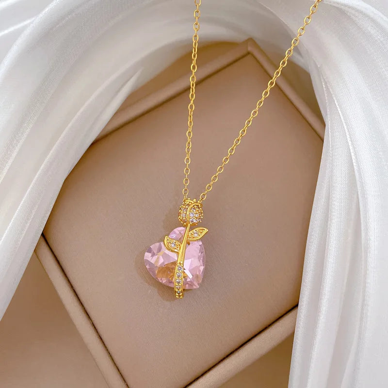 Pink Heart Rose Pendant Necklace – Sparkling Zircon Choker Pendant Necklace Nixie