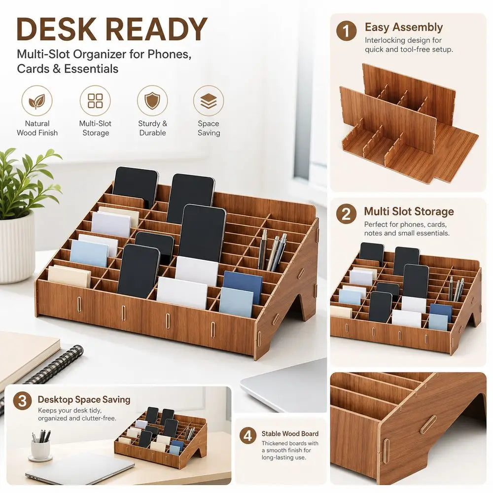 Wooden Multi-Grid Phone & Card Holder Desk Organizer Rack Desktop Organizer Rack Nixie