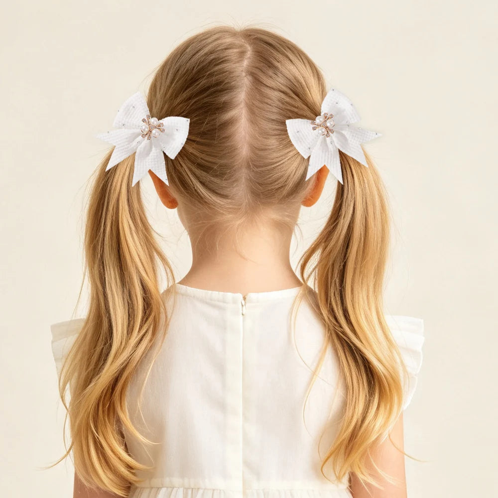 Waffle Fabric Pearl Rhinestone Bow Hair Clips 4 Pairs Girls Bow Hair Clips Nixie