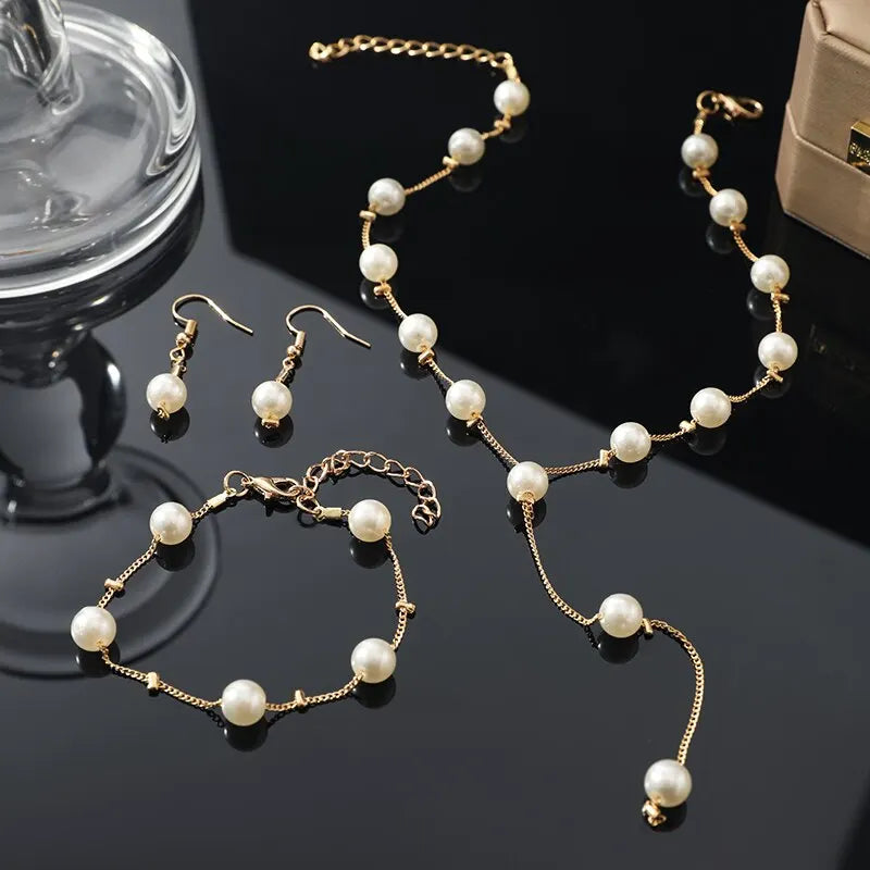 4-Piece Gold Pearl Tassel Jewelry Set – Necklace, Earrings & Bracelet Fashion Jewelry Set Nixie