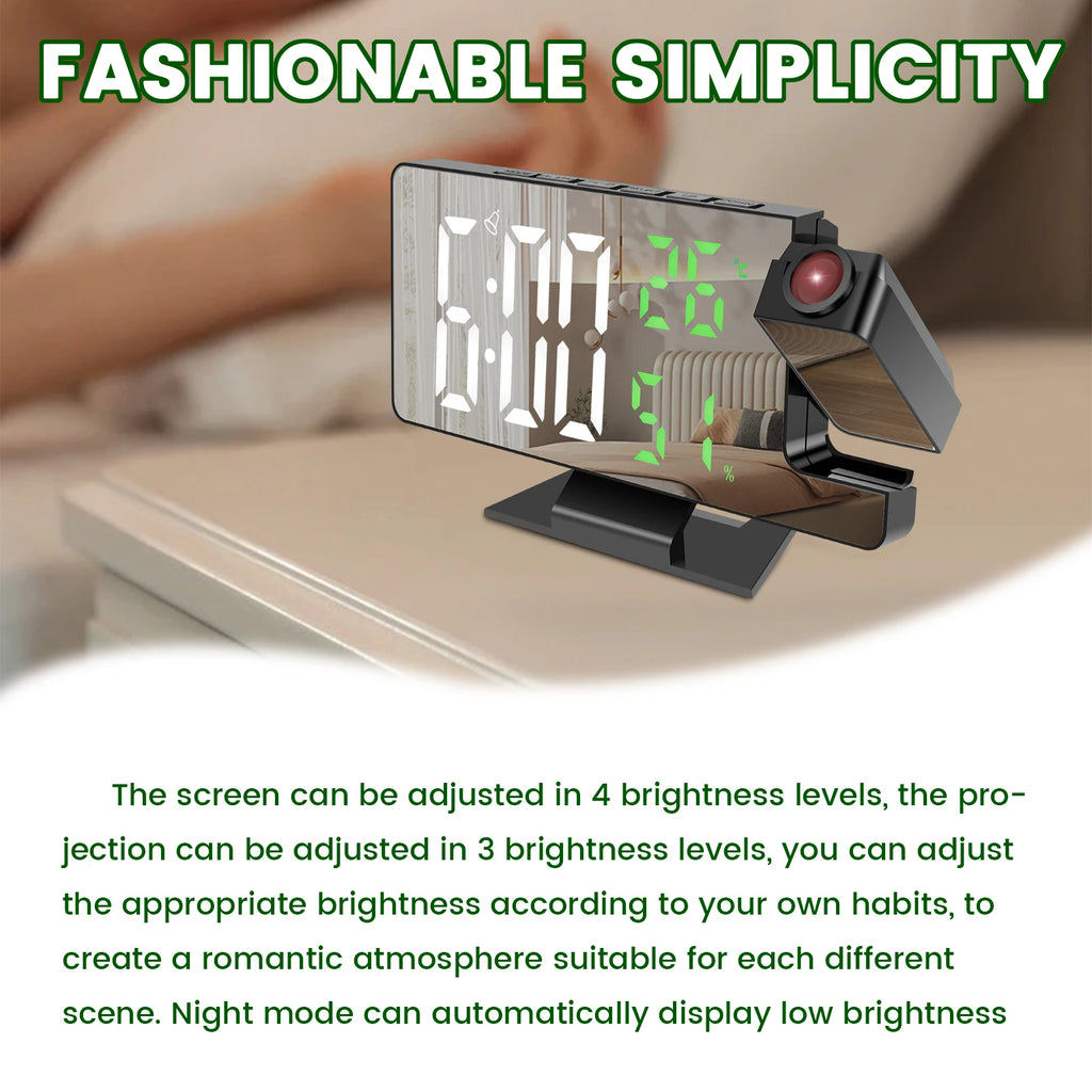 180° Projection Digital Alarm Clock – LED Mirror Display