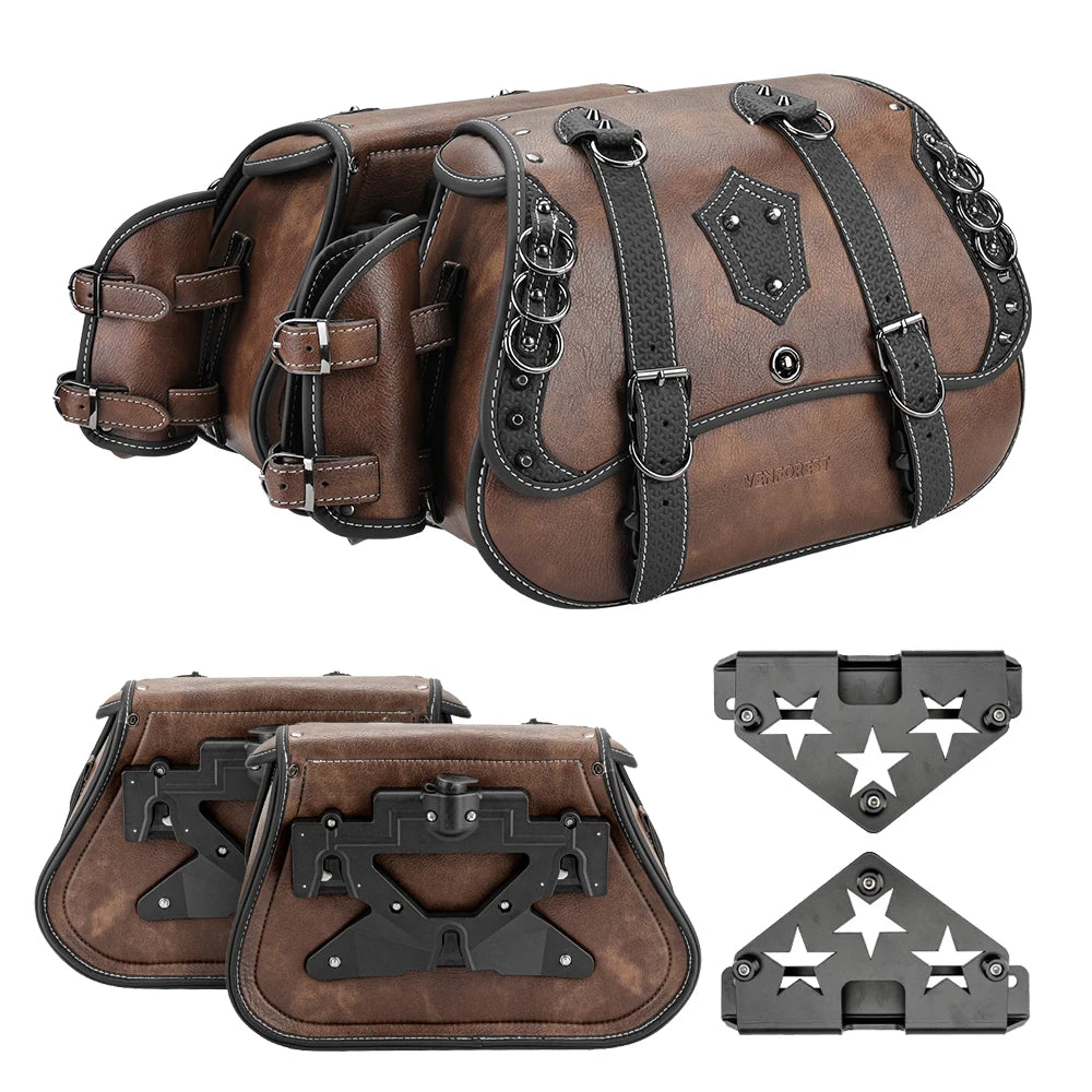 Retro PU Leather Motorcycle Saddlebags – Universal Fit w/ Brackets Motorcycle Saddlebags Nixie Brown with Bracket