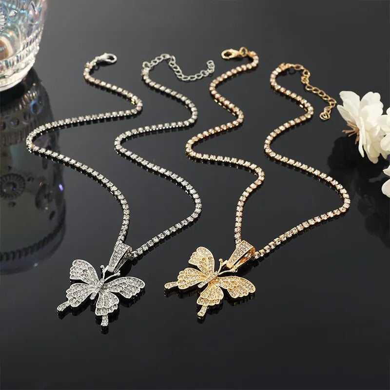 2PCS Butterfly Pendant Necklace – Gold & Silver Rhinestone Set
