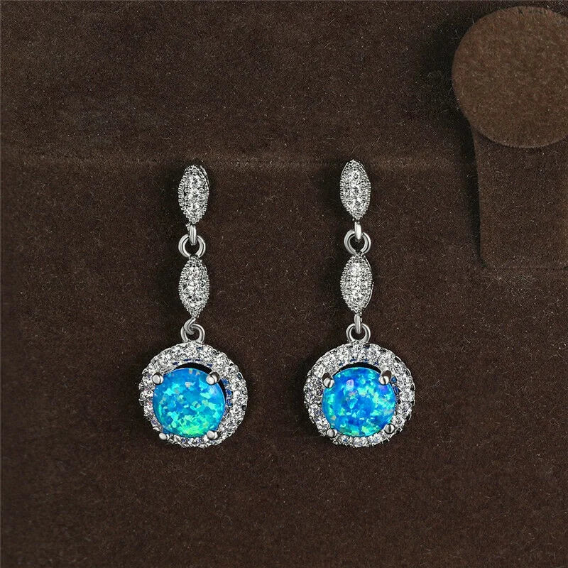 Silver-Plated Blue Simulated Opal Long Drop Dangle Hook Earrings Dangle Hook Earrings Nixie