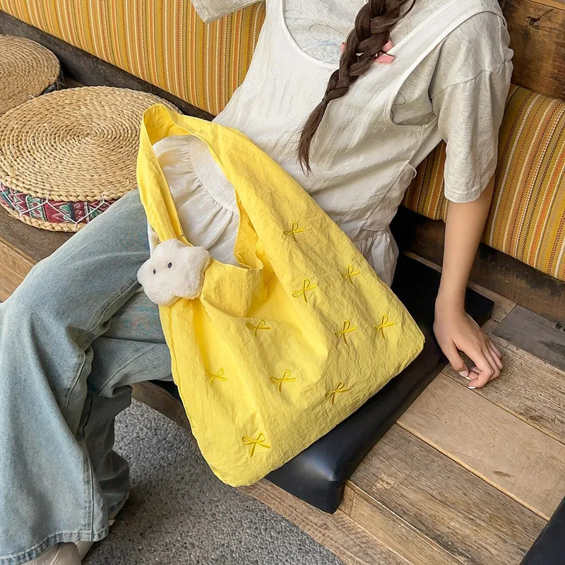 Korean Bow Embroidered Large Canvas Tote Bag for Women | Nixie Canvas Tote Bag Nixie