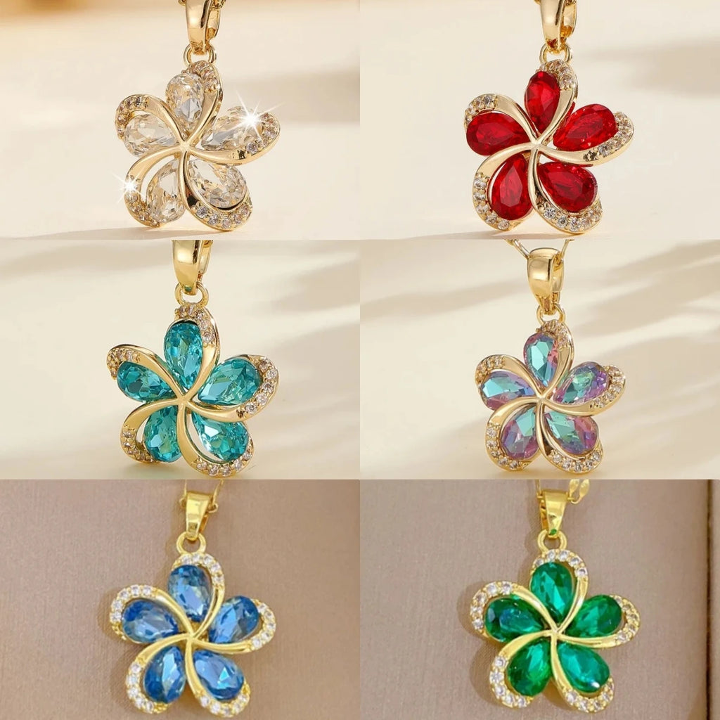 Women's Gold Flower Pendant Necklace – Zircon & Stainless Steel Pendant Necklace Nixie