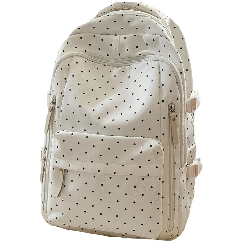 Nylon Polka Dot Backpack – Waterproof Large Capacity School Bag Nylon Backpack Nixie White