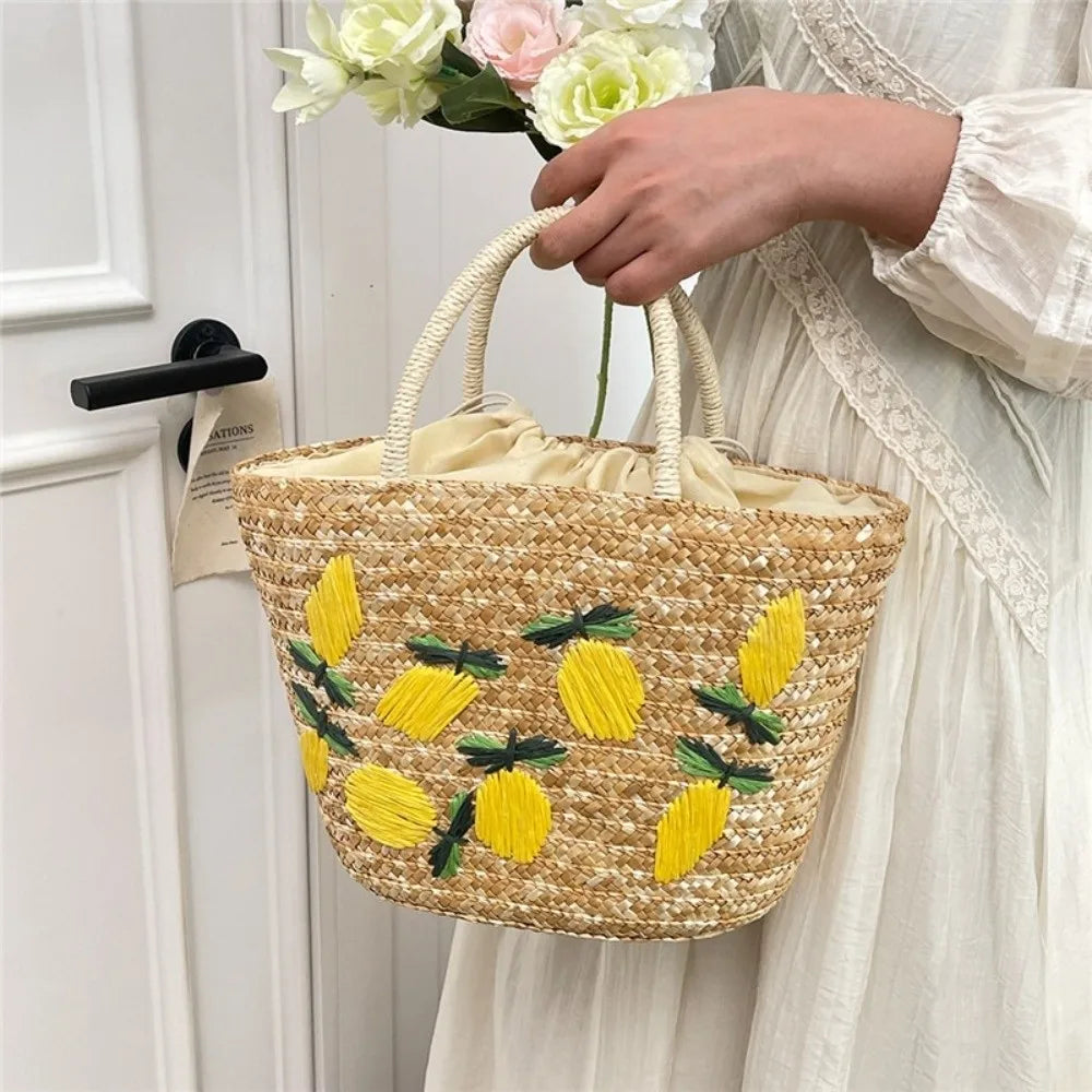 Embroidery Straw Tote Bag – Large Boho Shoulder Handbag Straw Tote Bag Nixie Lemon