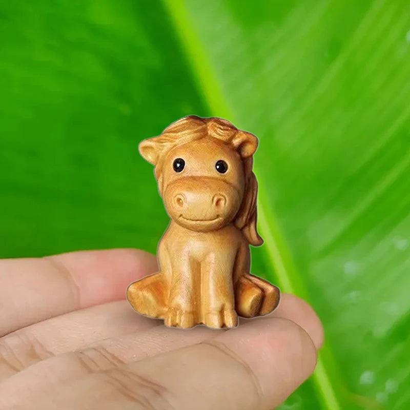 Mini Wood Carved Chinese Zodiac Horse Ornament – 1 or 2 Pcs Zodiac Horse Figurine Nixie