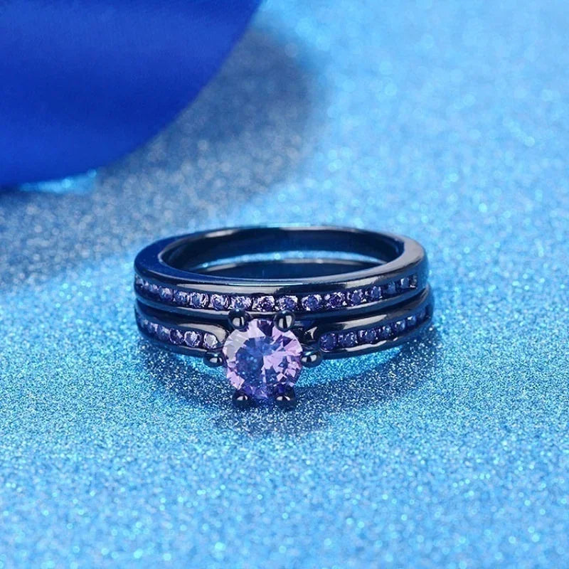Celtic Dragon Couple Ring Set – Purple Rhinestone & Steel Couple Ring Set Nixie