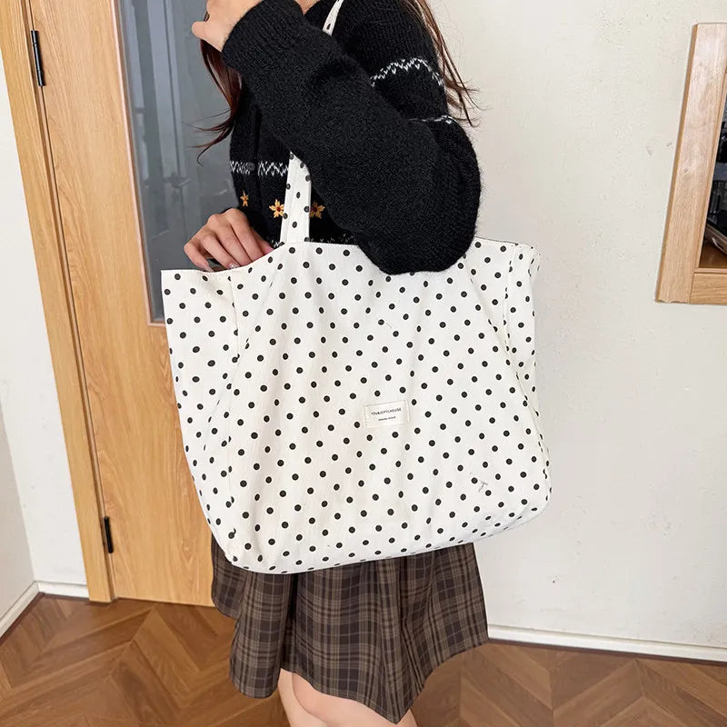Korean Polka Dot Canvas Shoulder Bag – Large Capacity Tote Canvas Shoulder Bag Nixie off-white