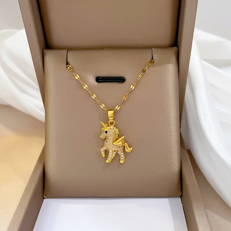 Zircon Unicorn Pendant Necklace | Gold-Plated Women's Jewelry