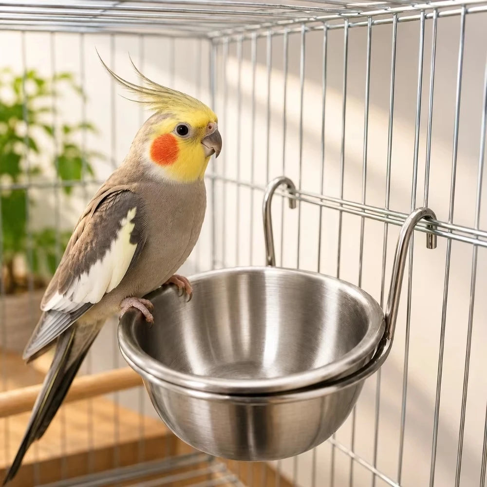 Stainless Steel Bird Feeder Cup & Water Bowl for Parrot Cages