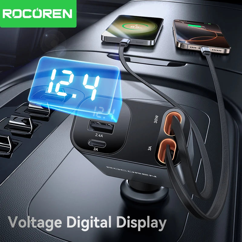 Rocoren 4-in-1 PD 30W Car Charger – Digital Display & Retractable