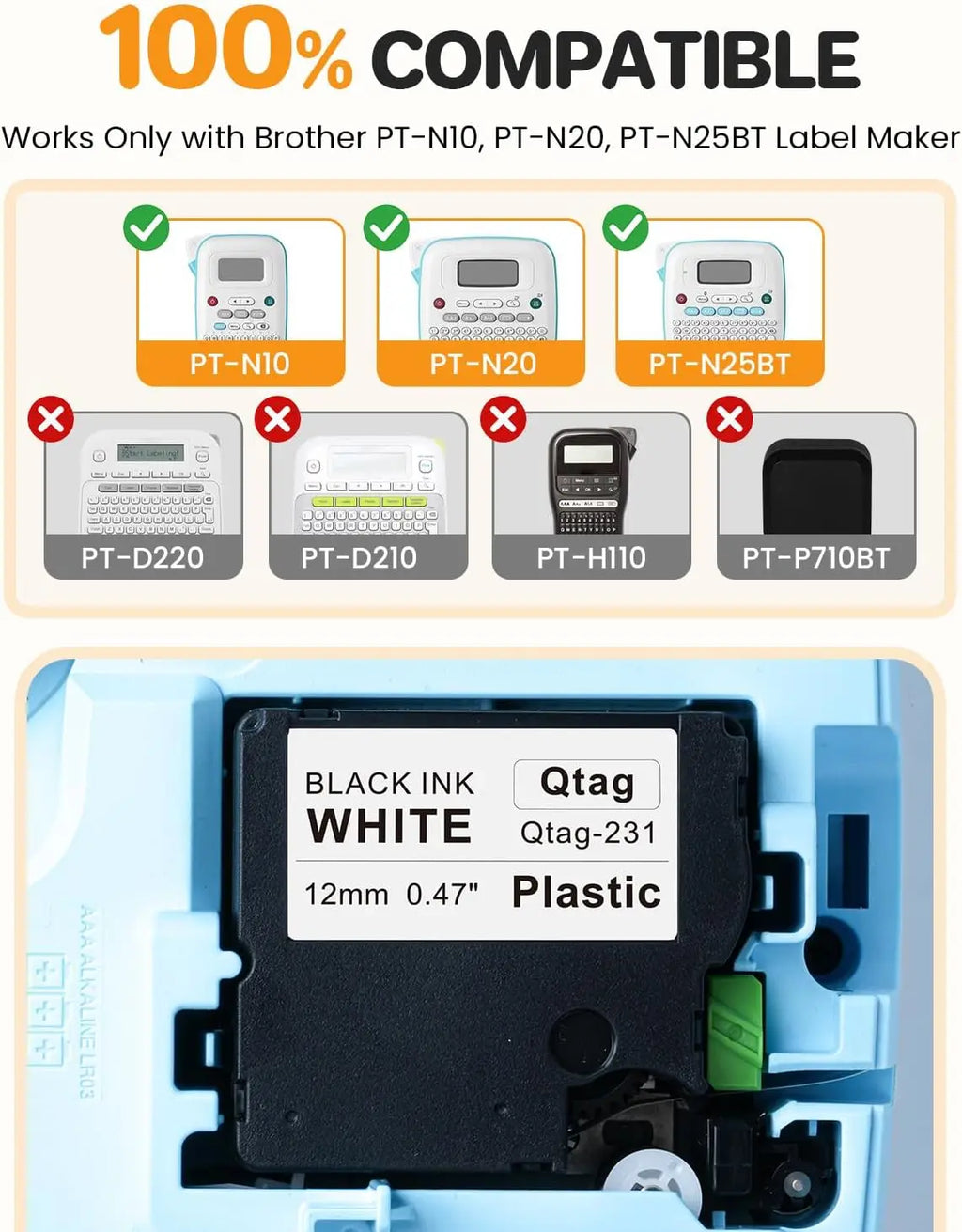 12mm Black on White Label Tape – Brother Btag-231 Compatible Label Printer Tape Nixie