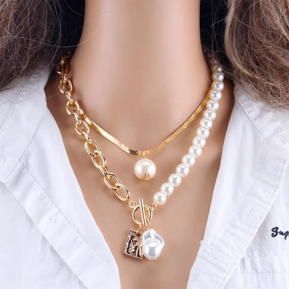 2PCS Gold Hip Hop Baroque Faux Pearl Pendant Necklaces Set Pendant Necklace Set Nixie Gold