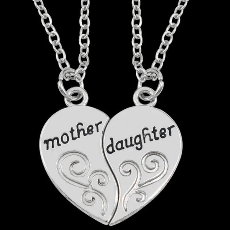 Mother Daughter Antique Silver Heart Pendant Necklace Set 2pcs Pendant Necklace Set Nixie Love a