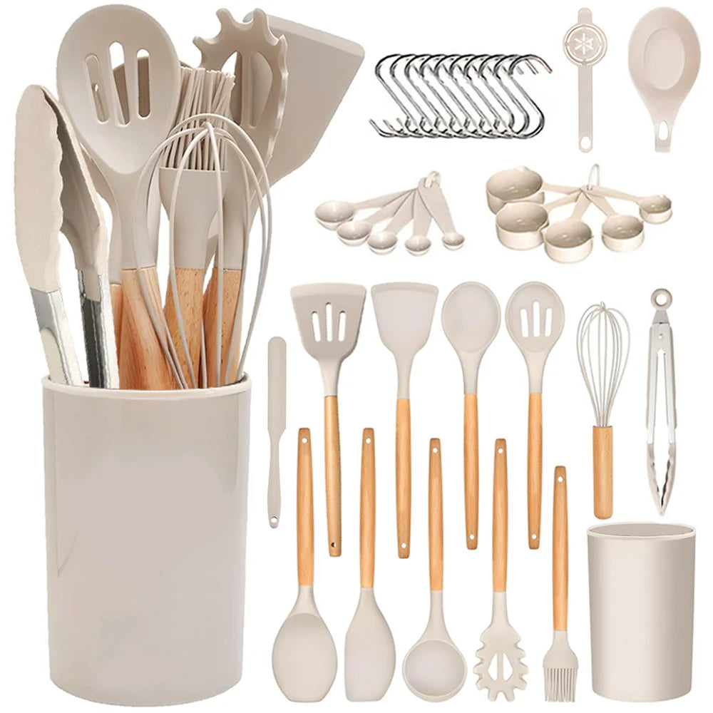 35-Piece Silicone Cooking Utensils Set with Wooden Handles Cooking Utensil Set Nixie Khaki